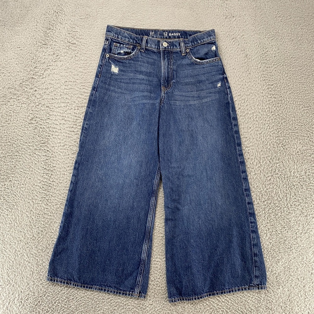 Gap Baggy Denim Jeans Girls 12 Plus Wide Leg Medium Wash Adjustable Waist